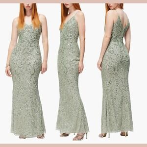 NWT $300 BEAUUT [ 10 ] V Neck Embellished Sequin Beaded Gown Sage Green J2032